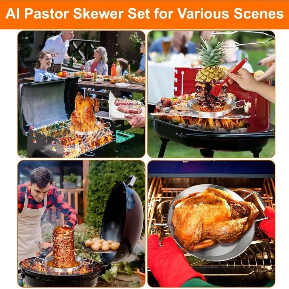 Grill Skewer, XL 13 Inch Pan, Fat Separator, Spit Stand, 5 Spikes & 2 Brushes